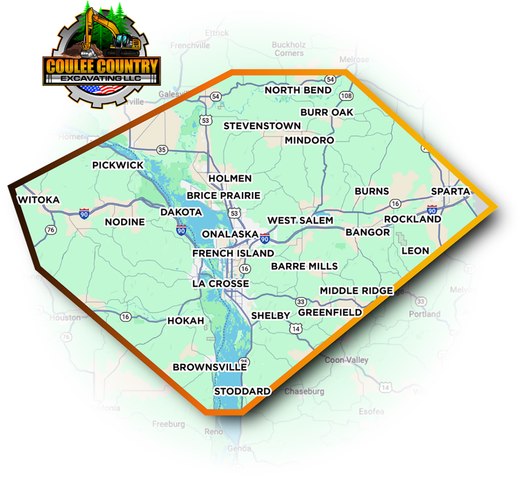 Map of the Coulee Country Excavating service area around West Salem and La Crosse, Wisconsin